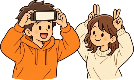 スマホをおでこにかざす人と、身振りで伝える人